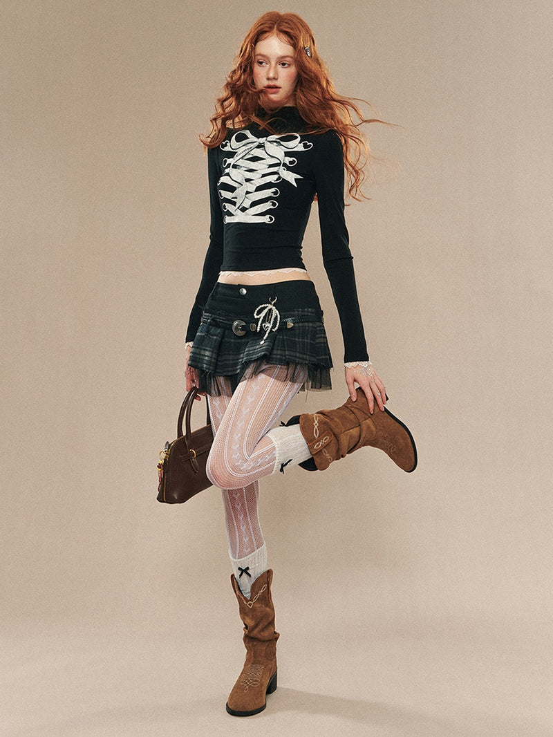 lace up ribbon design high neck tops mx0104 