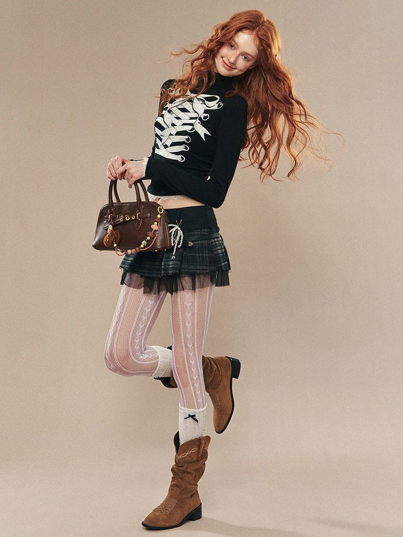 lace up ribbon design high neck tops mx0104 