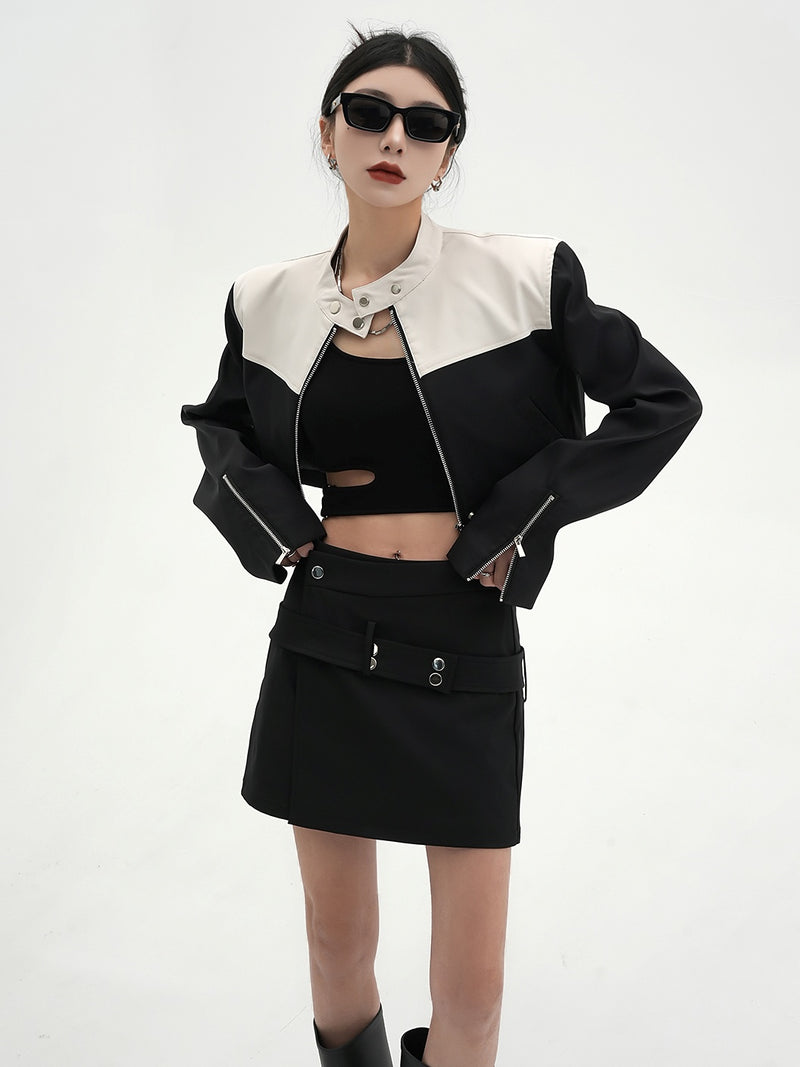 stand collar bicolor short jacket mx0103 