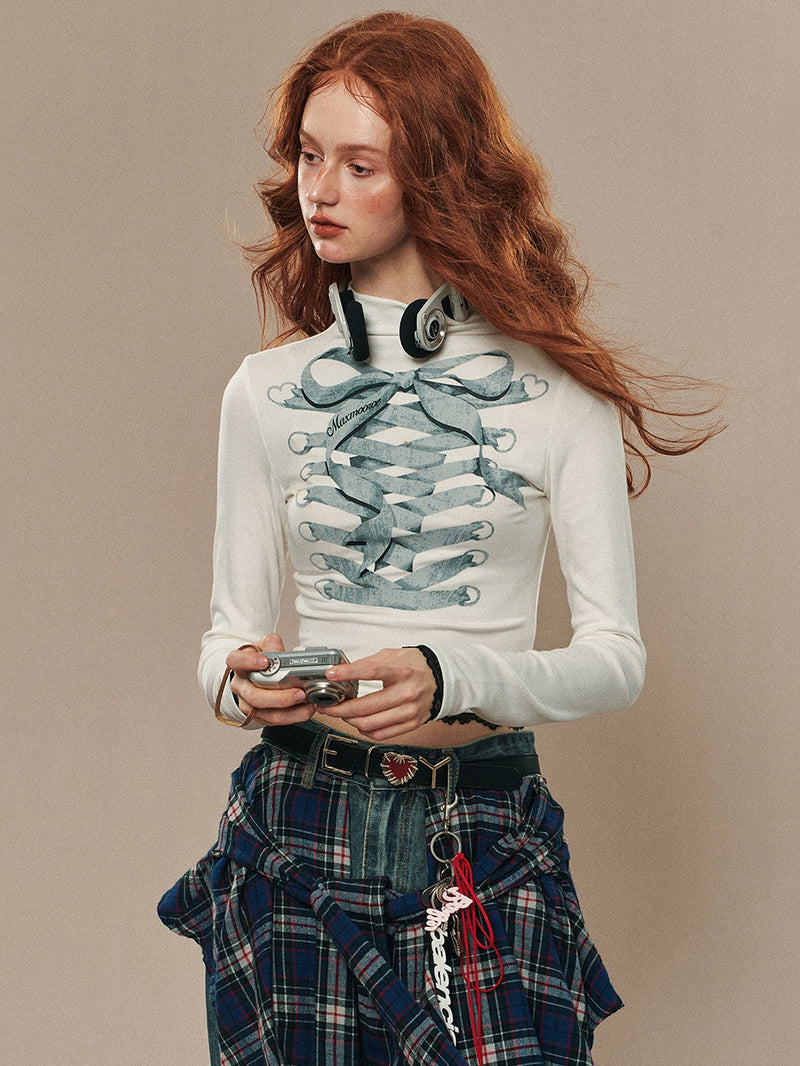 lace up ribbon design high neck tops mx0104 