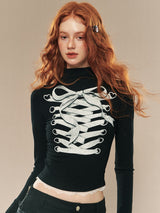 lace up ribbon design high neck tops mx0104 