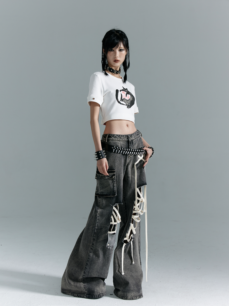 lace up washed denim pants mx0001