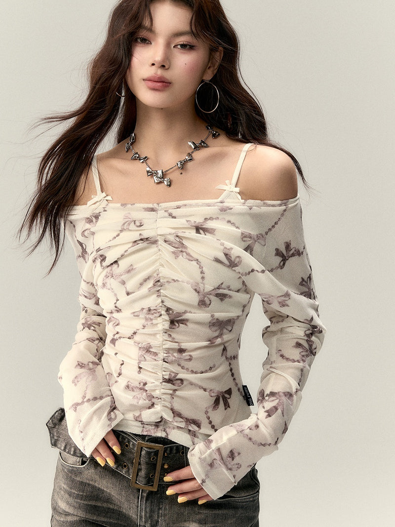 off-shoulder ribbon korean tops mx0079 