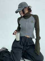 high neck bicolor zip-up knit mx0044 
