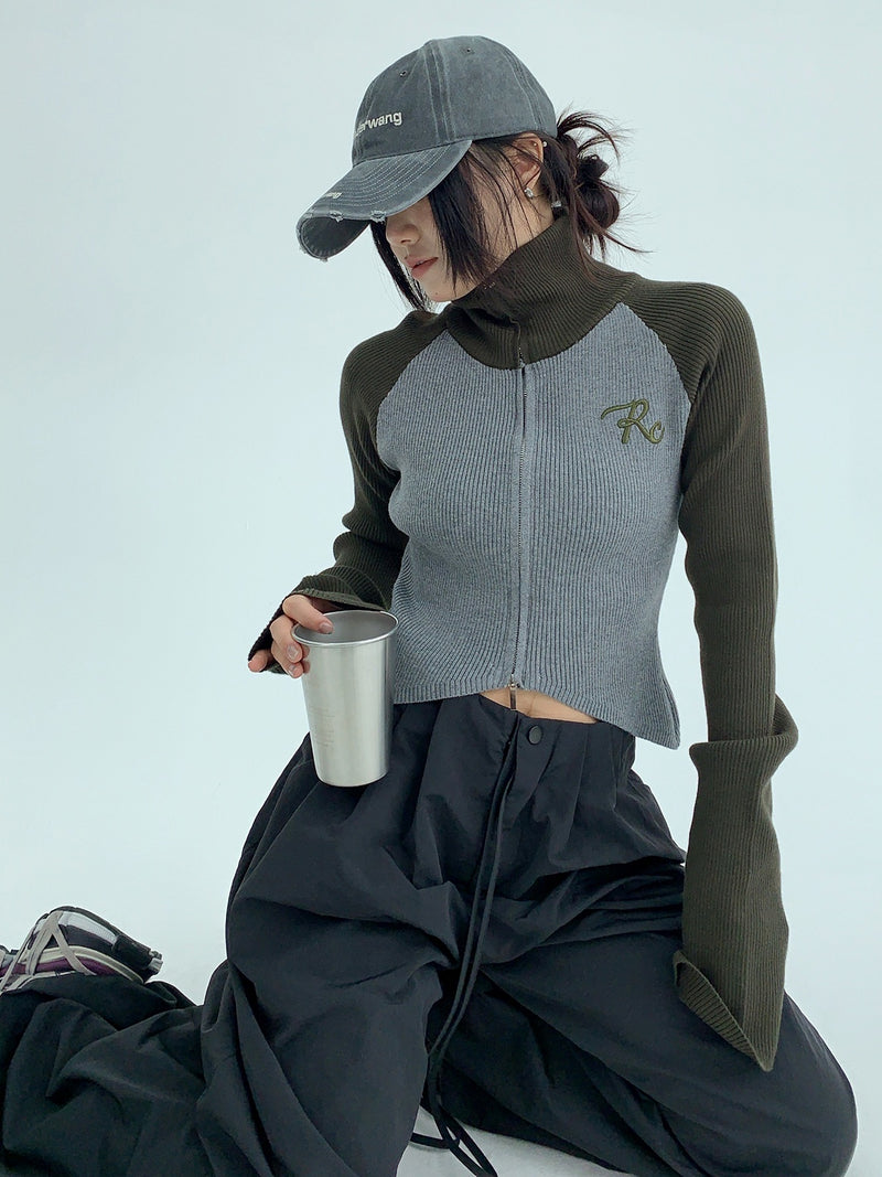 high neck bicolor zip-up knit mx0044 
