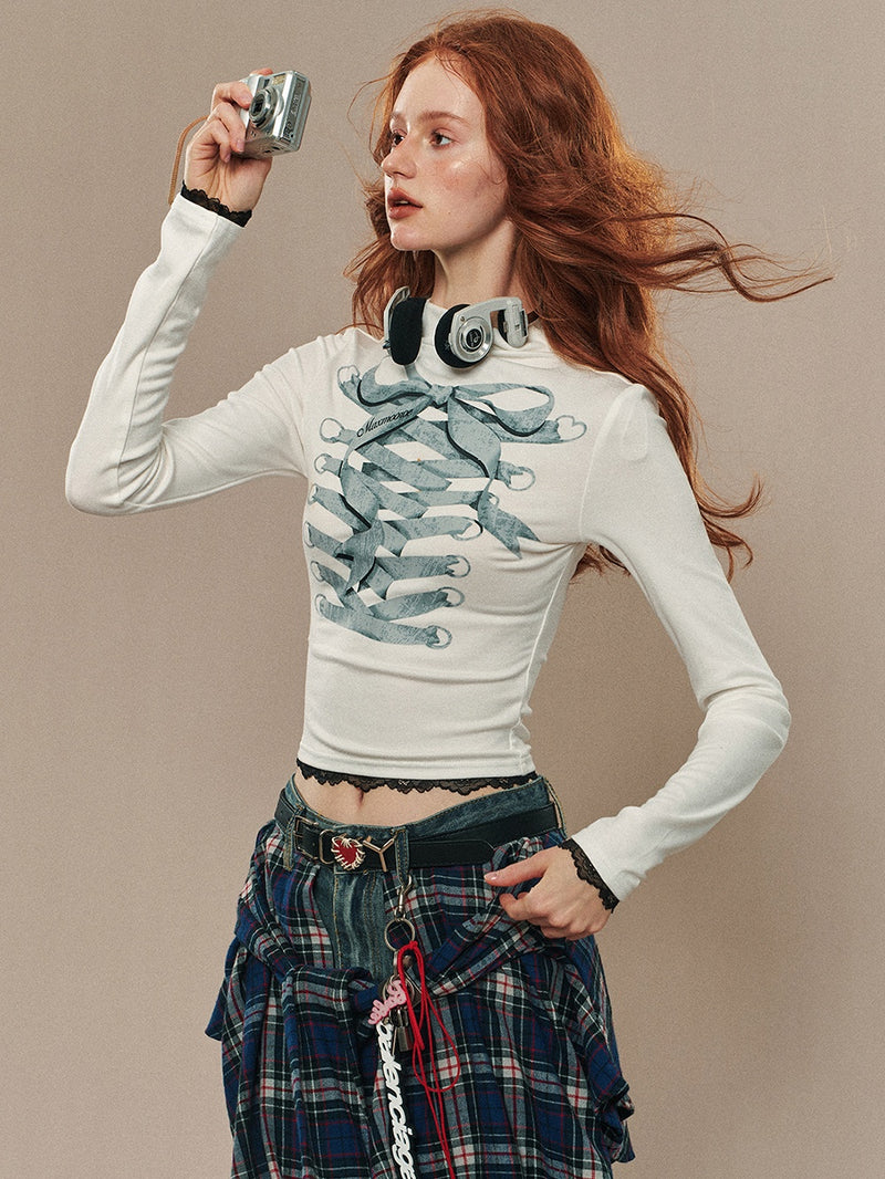 lace up ribbon design high neck tops mx0104 