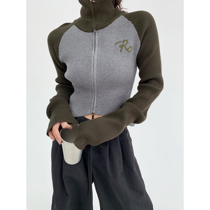 high neck bicolor zip-up knit mx0044 