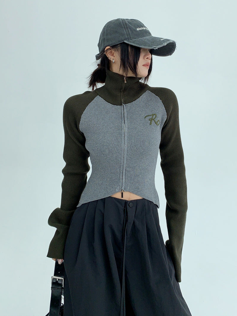 high neck bicolor zip-up knit mx0044 