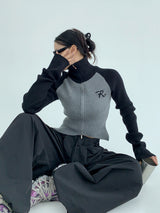 high neck bicolor zip-up knit mx0044 