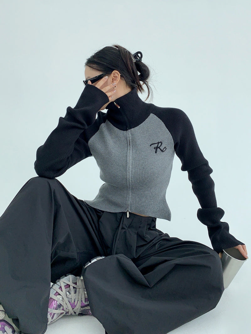 high neck bicolor zip-up knit mx0044 