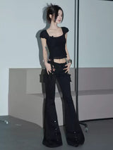 low waist studded black pants mx0018