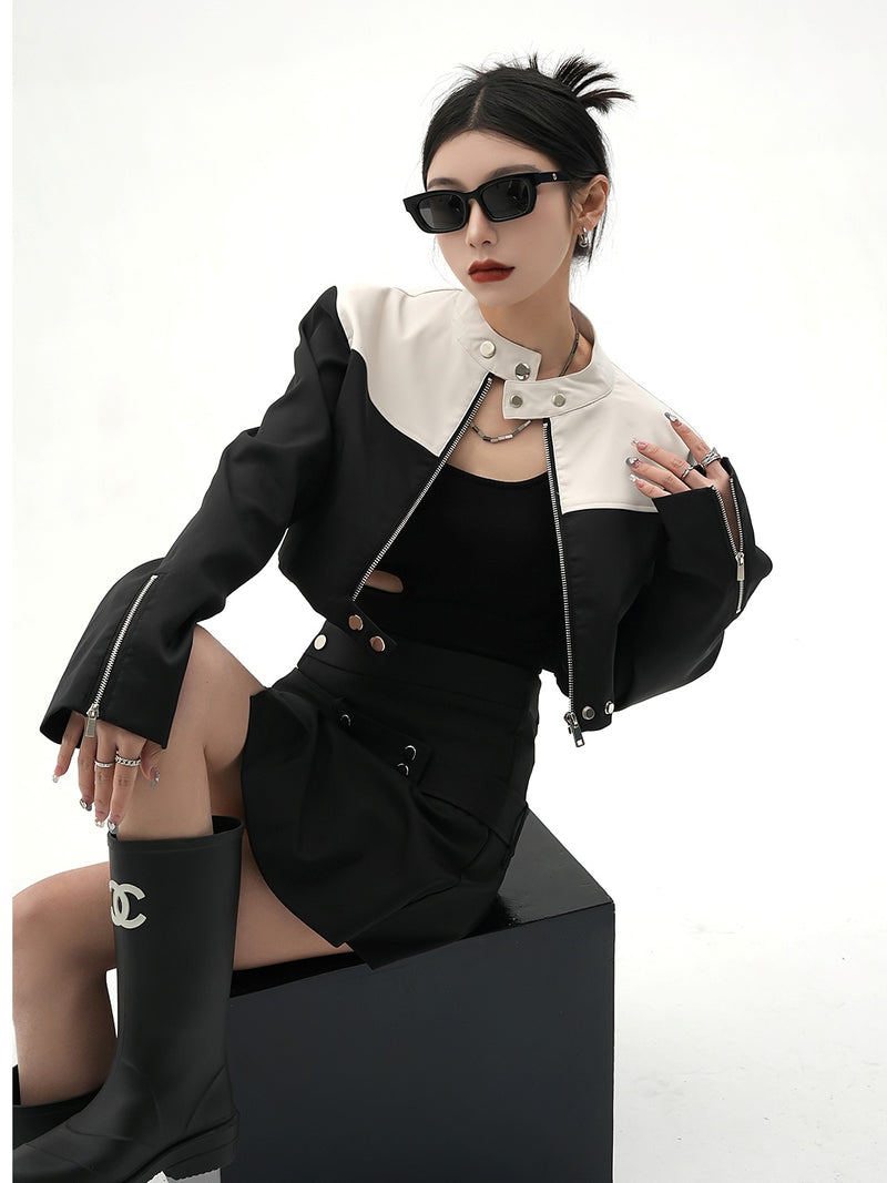 stand collar bicolor short jacket mx0103 