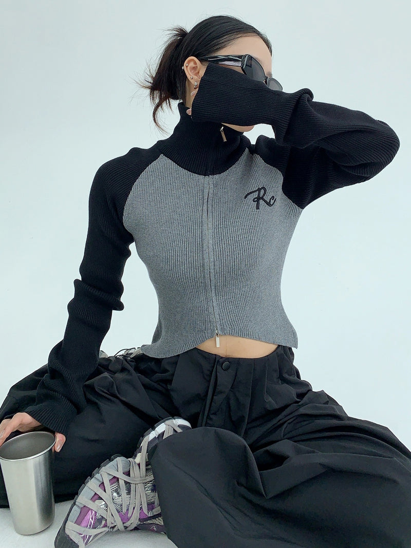 high neck bicolor zip-up knit mx0044 