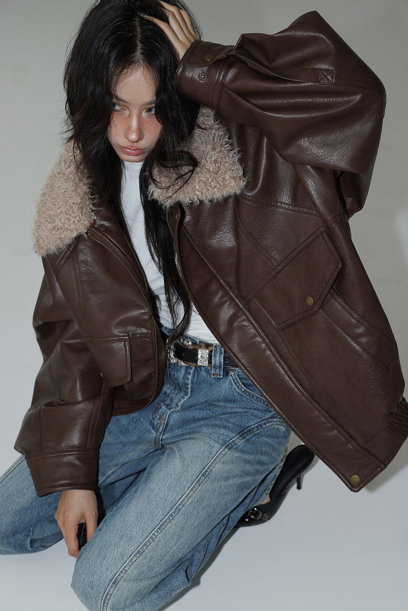boa collar leather vintage jacket mx0081 
