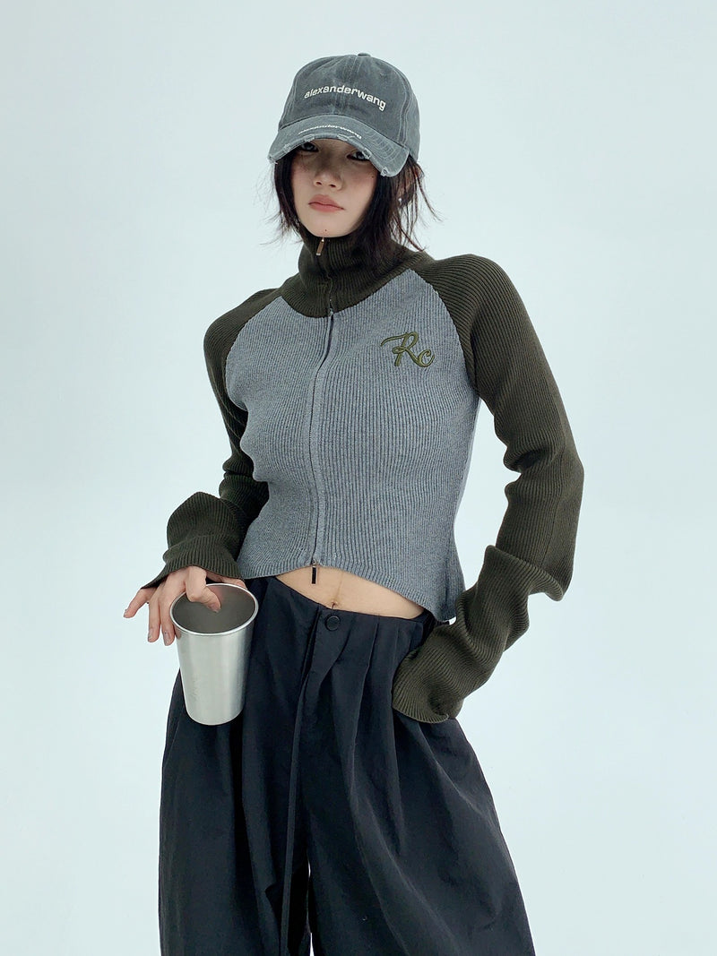 high neck bicolor zip-up knit mx0044 