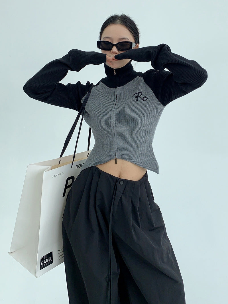 high neck bicolor zip-up knit mx0044 