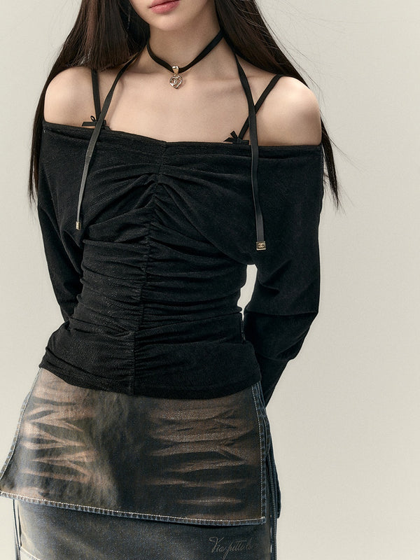 off-shoulder ribbon korean tops mx0079 