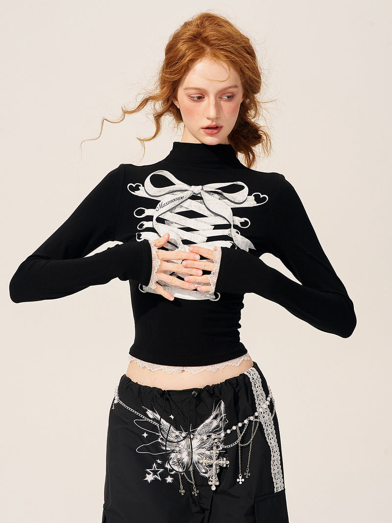 lace up ribbon design high neck tops mx0104 