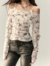 off-shoulder ribbon korean tops mx0079 