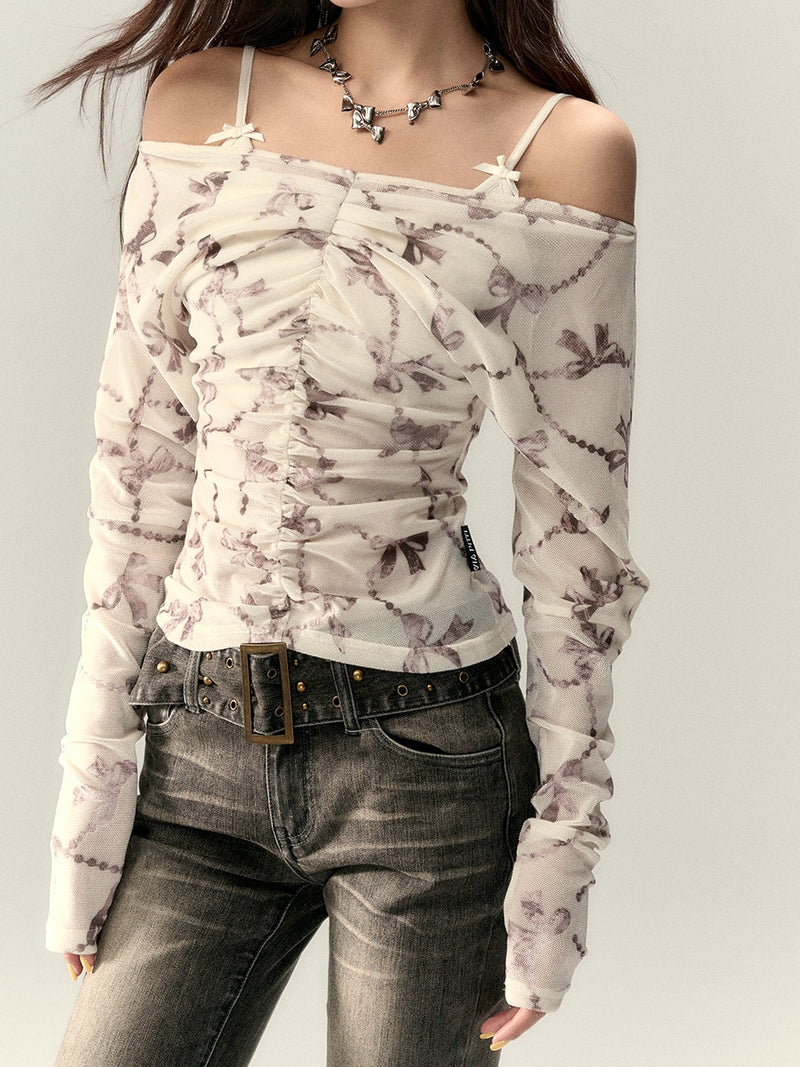 off-shoulder ribbon korean tops mx0079 