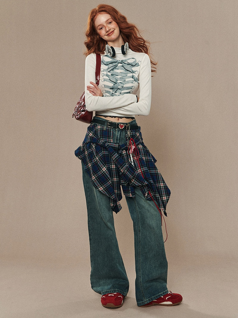 lace up ribbon design high neck tops mx0104 