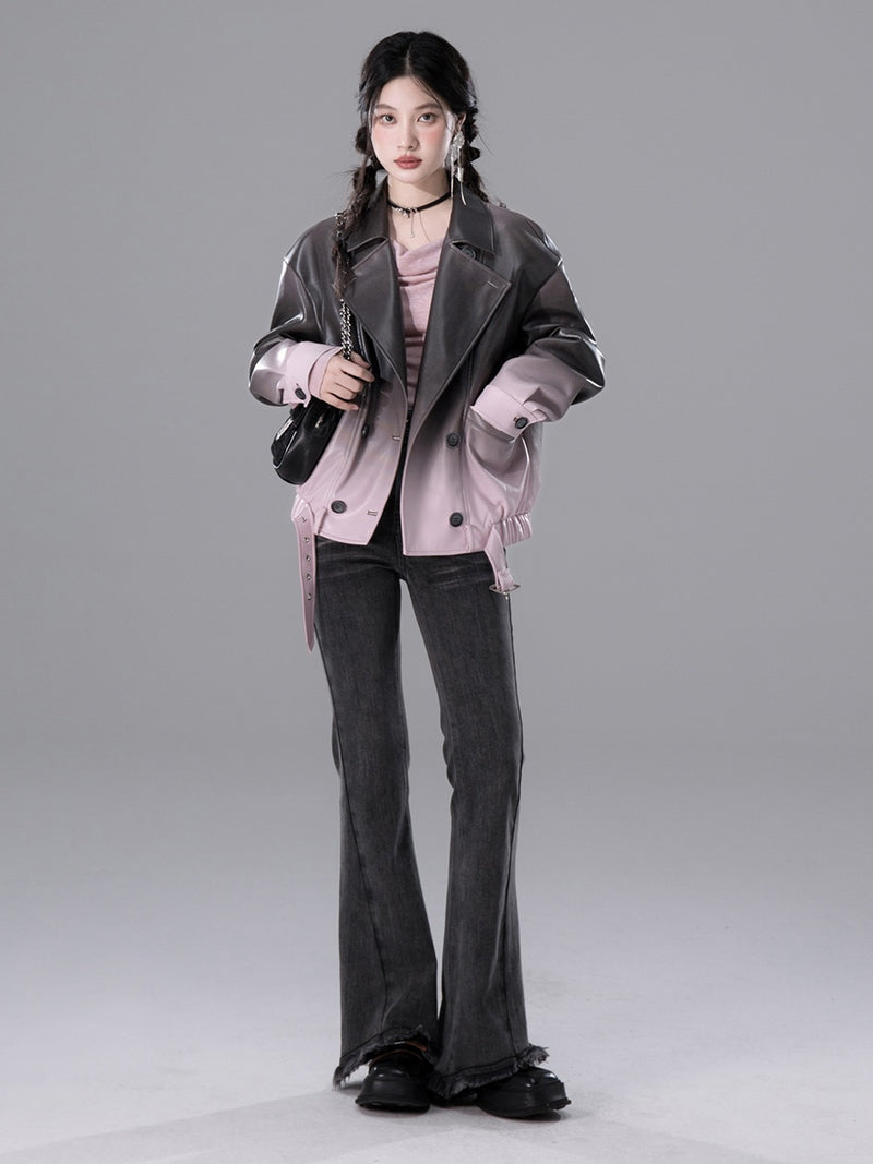 black pink gradient leather jacket mx0111