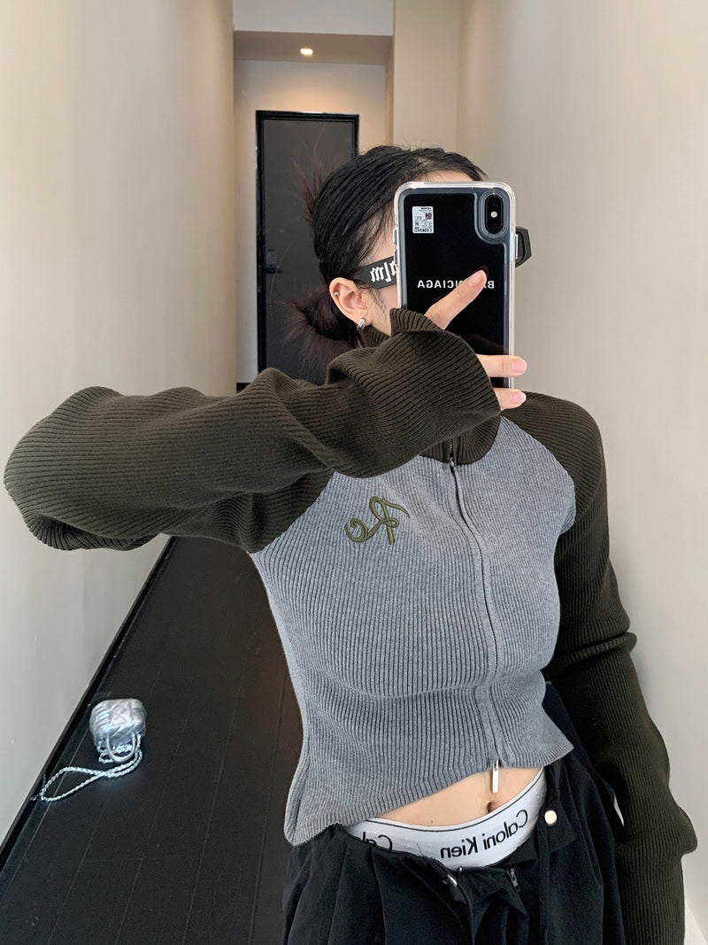 high neck bicolor zip-up knit mx0044 