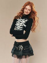 lace up ribbon design high neck tops mx0104 