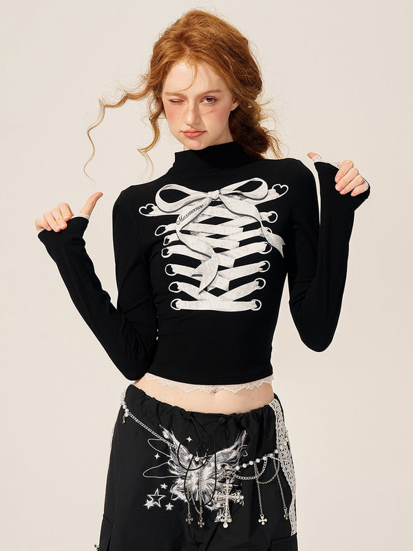lace up ribbon design high neck tops mx0104 