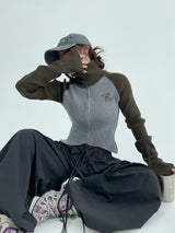 high neck bicolor zip-up knit mx0044 