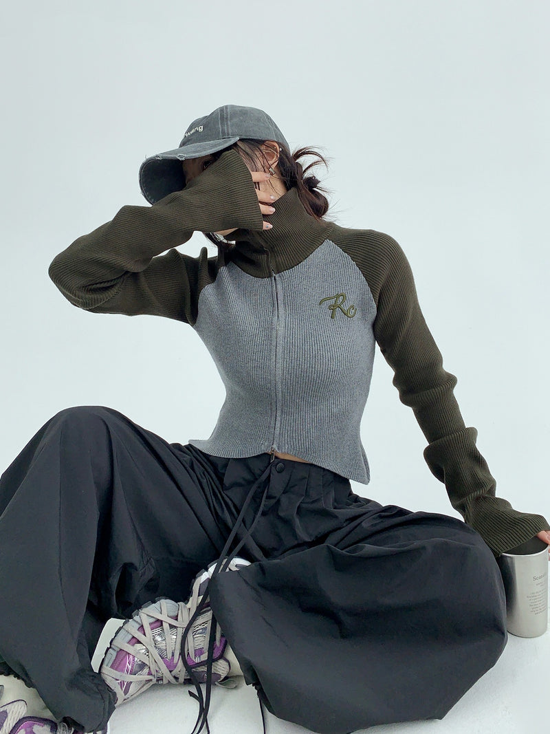 high neck bicolor zip-up knit mx0044 