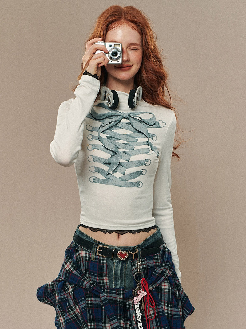 lace up ribbon design high neck tops mx0104 