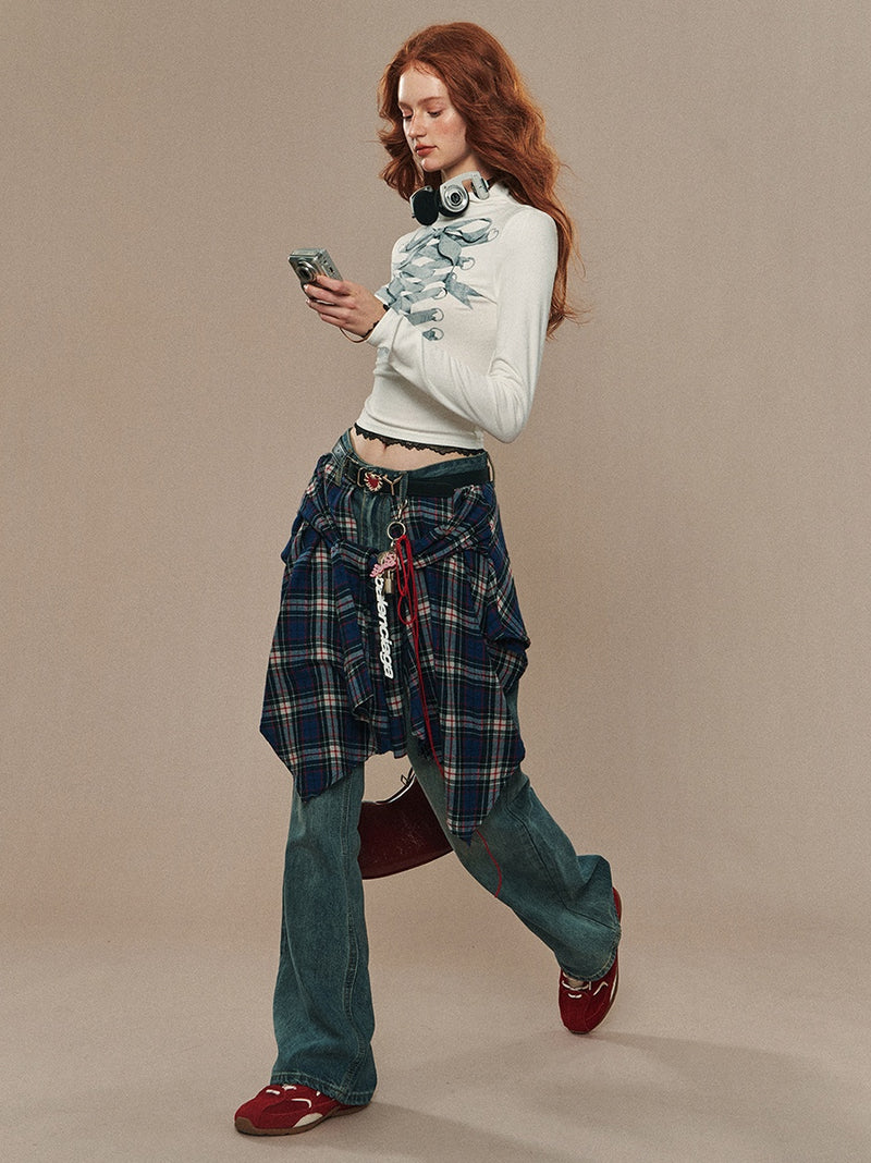 lace up ribbon design high neck tops mx0104 