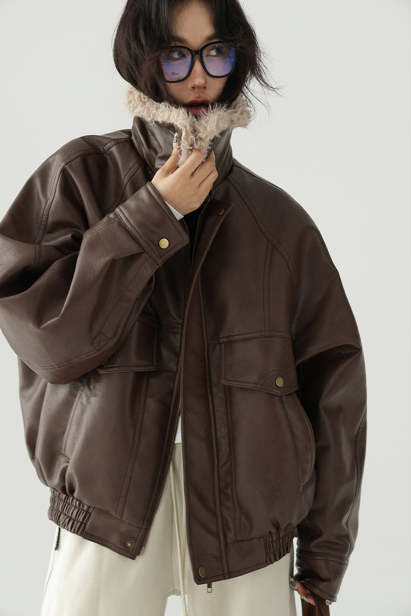 boa collar leather vintage jacket mx0081 