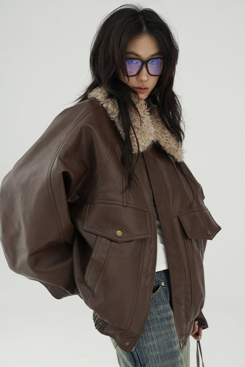 boa collar leather vintage jacket mx0081 