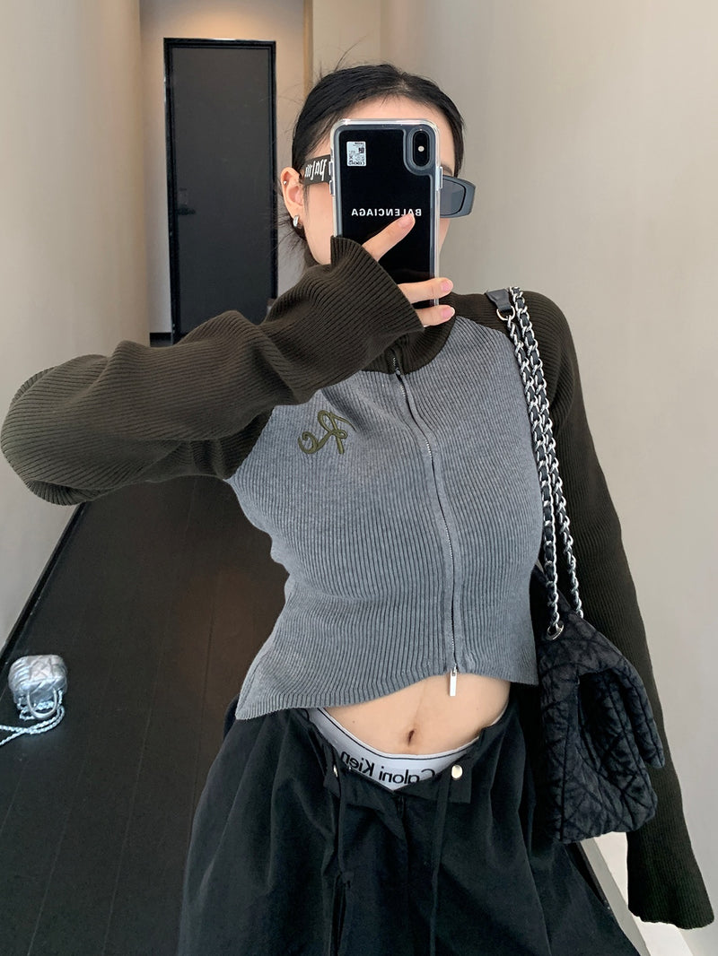 high neck bicolor zip-up knit mx0044 