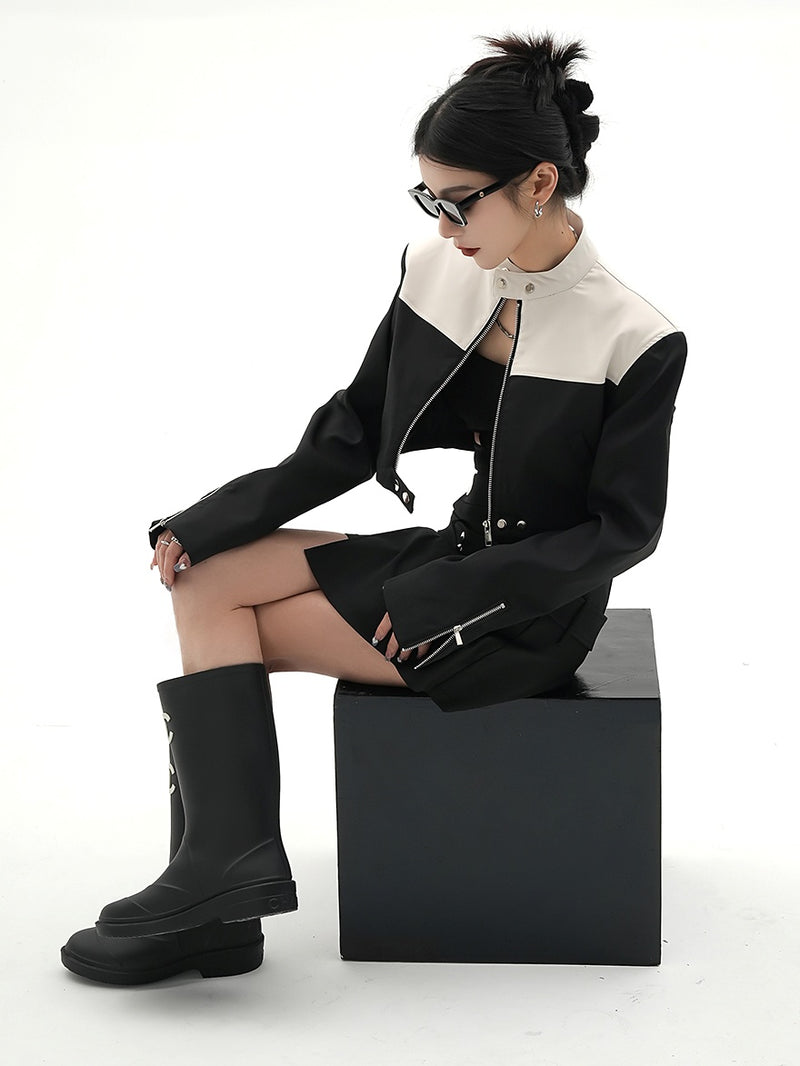 stand collar bicolor short jacket mx0103 
