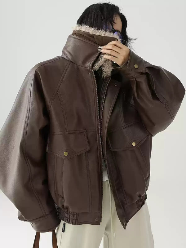 boa collar leather vintage jacket mx0081 