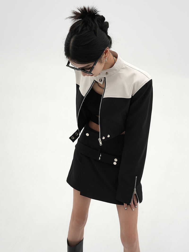 stand collar bicolor short jacket mx0103 