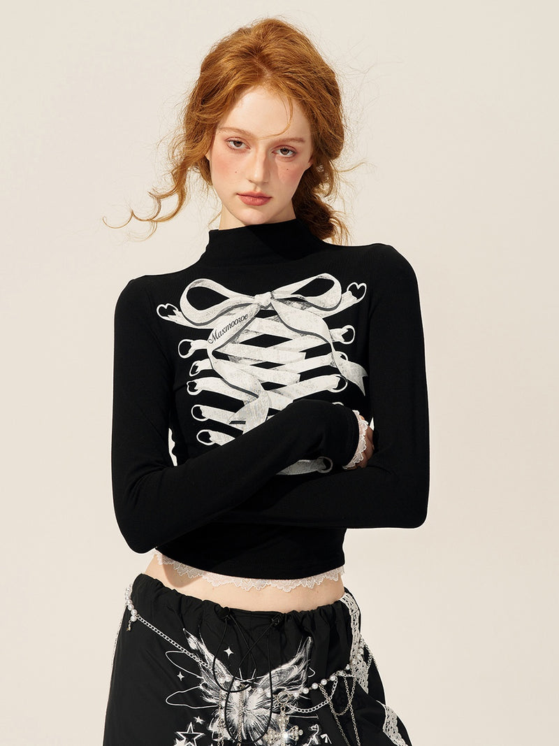 lace up ribbon design high neck tops mx0104 