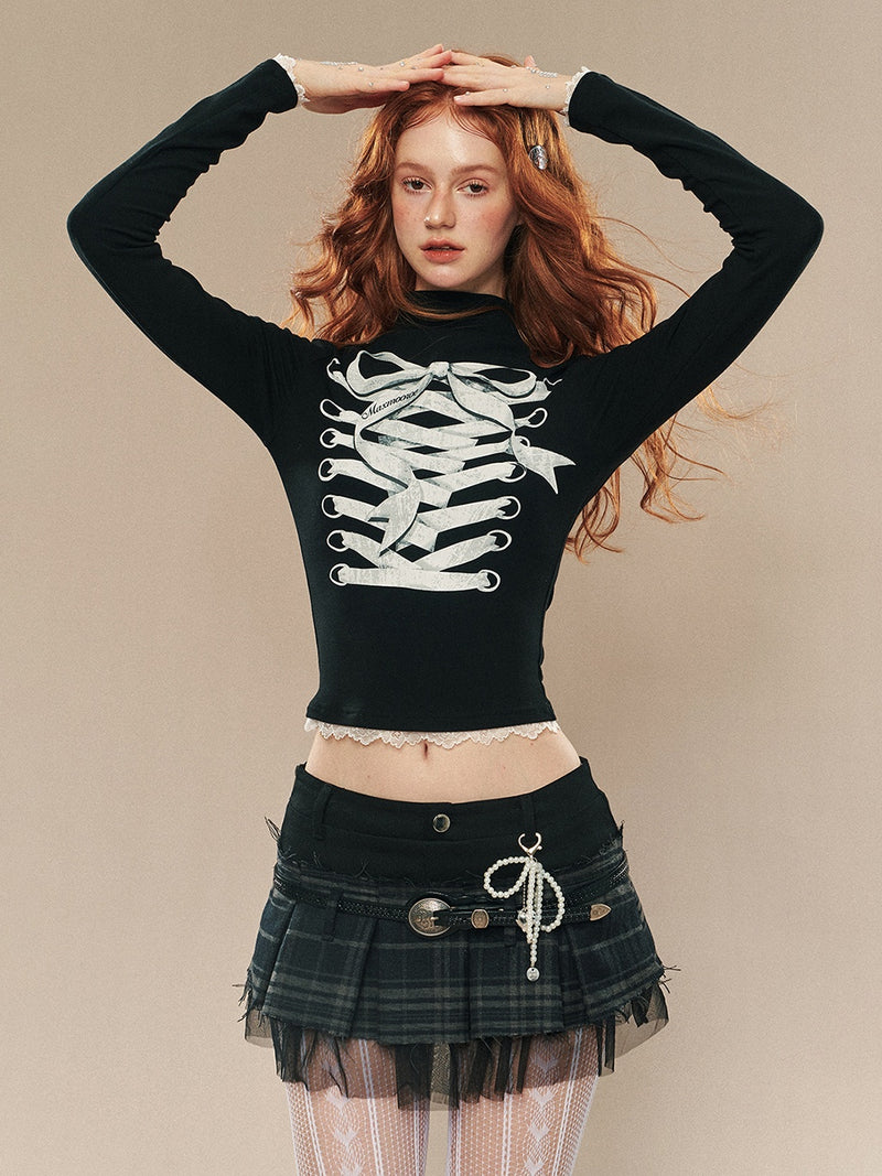 lace up ribbon design high neck tops mx0104 