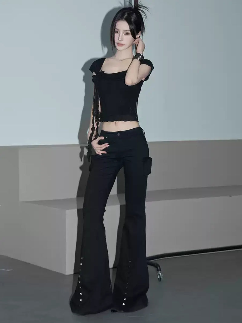 low waist studded black pants mx0018