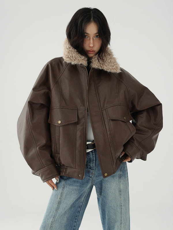 boa collar leather vintage jacket mx0081 